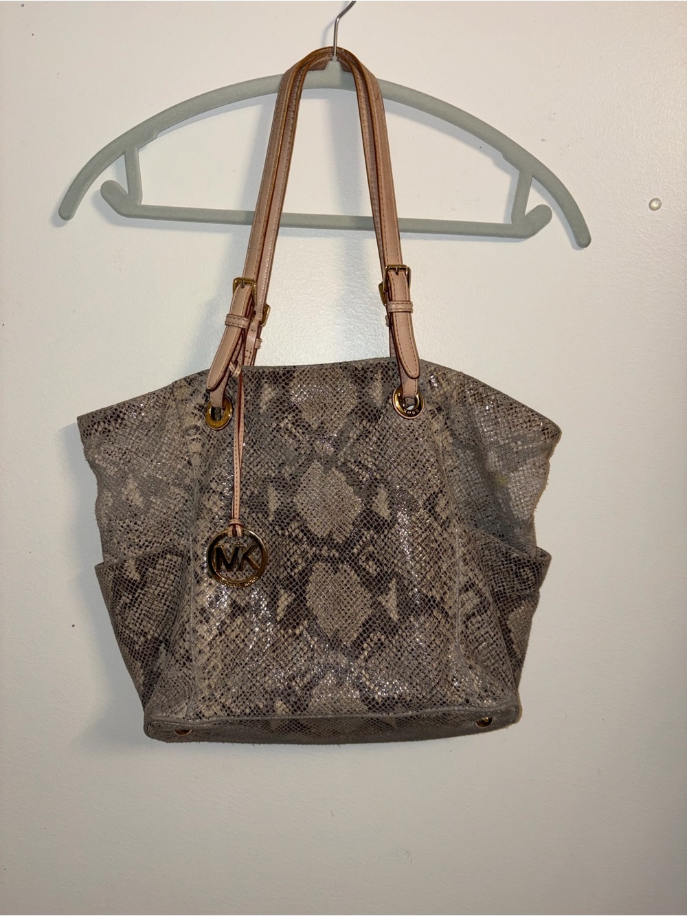 Michael Kors Taupe Snake-Print Leather Tote with Gold MK Charm